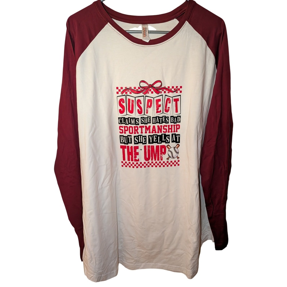 Royal Avalon Sport Womens 3XL Baseball Raglan Tee Burgundy Cream Graphic Shirt‎